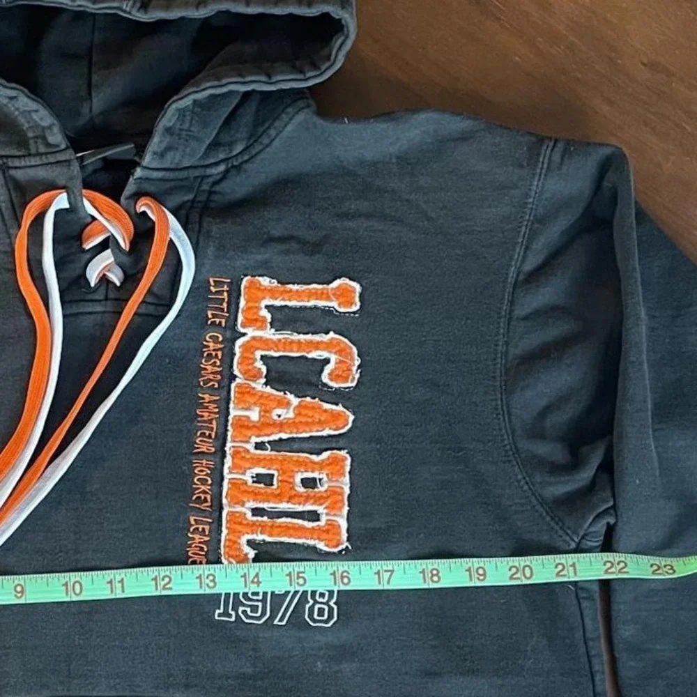 Mens (M) Black Hoodie LCAHL Amateur Hockey Pennant Orange Fabric Letters Cotton